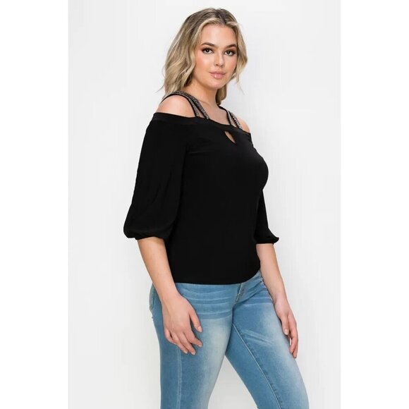 Embellishment Double Straps Keyhole Cold Shoulder Blouse - Picture 4 of 9